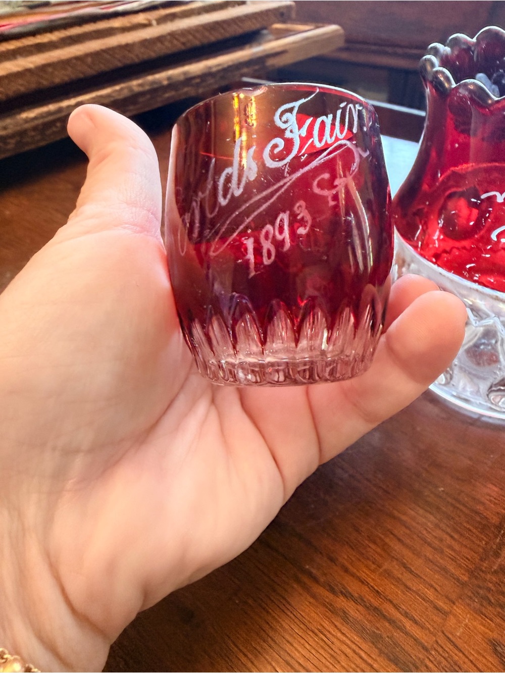 Vintage 1893 World Fair Ruby Red and Clear Etched Glass Votive / Candy Dish - Picture 2 of 6